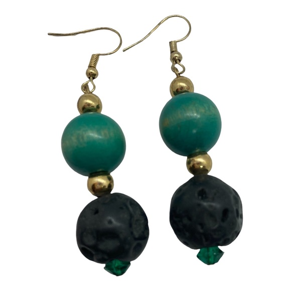 Vintage Beads and Black Lava Rock Gemstone Earrings - Picture 1 of 5